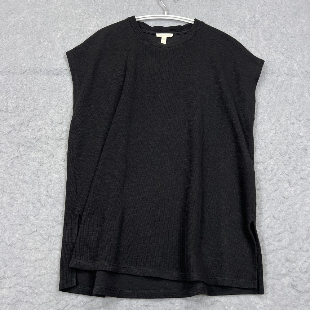 Eileen Fisher Top Women's XXS Black Organic Cap Sleeve Side Slit Oversized Tunic